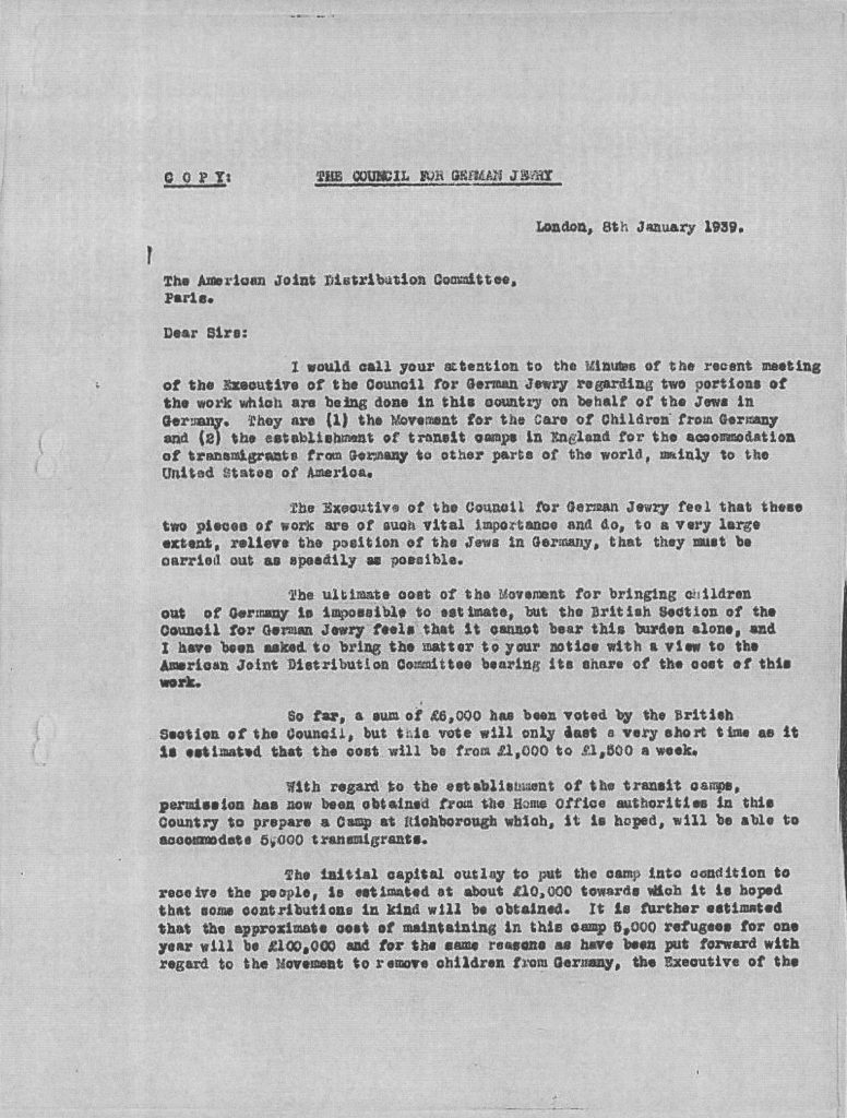 Kitchener camp, The JDC, Council for German Jewry, Letter, Movement for the Care of Children from Germany, Transmigrants, USA, Permission obtained from Home Office for camp for 5,000, Costs, 8 January 1939, page 1