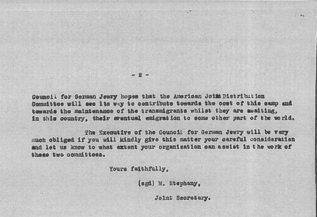 Kitchener camp, The JDC, Council for German Jewry, Letter, Contribution sought from JDC, M Stephany, 8 January 1939, page 2
