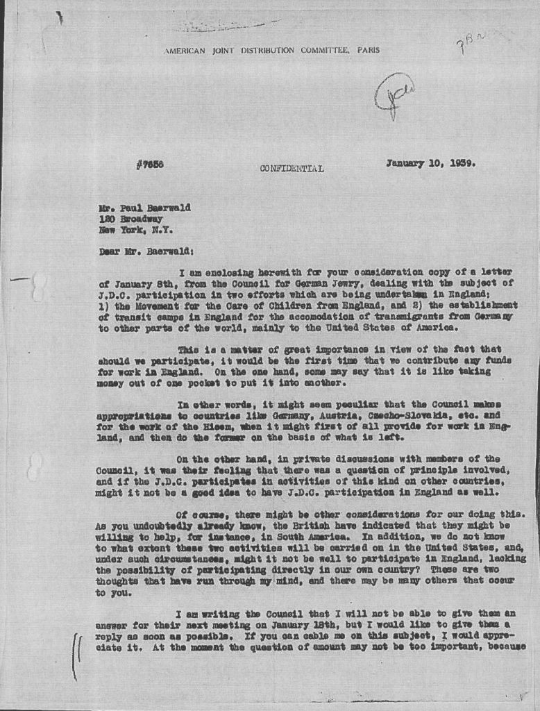 Kitchener camp, JDC, Paul Baerwald, Morris Troper, Letter, European Executive Council, HICEM funding, Query over whether British will help in South America, 10 January 1939, page 1