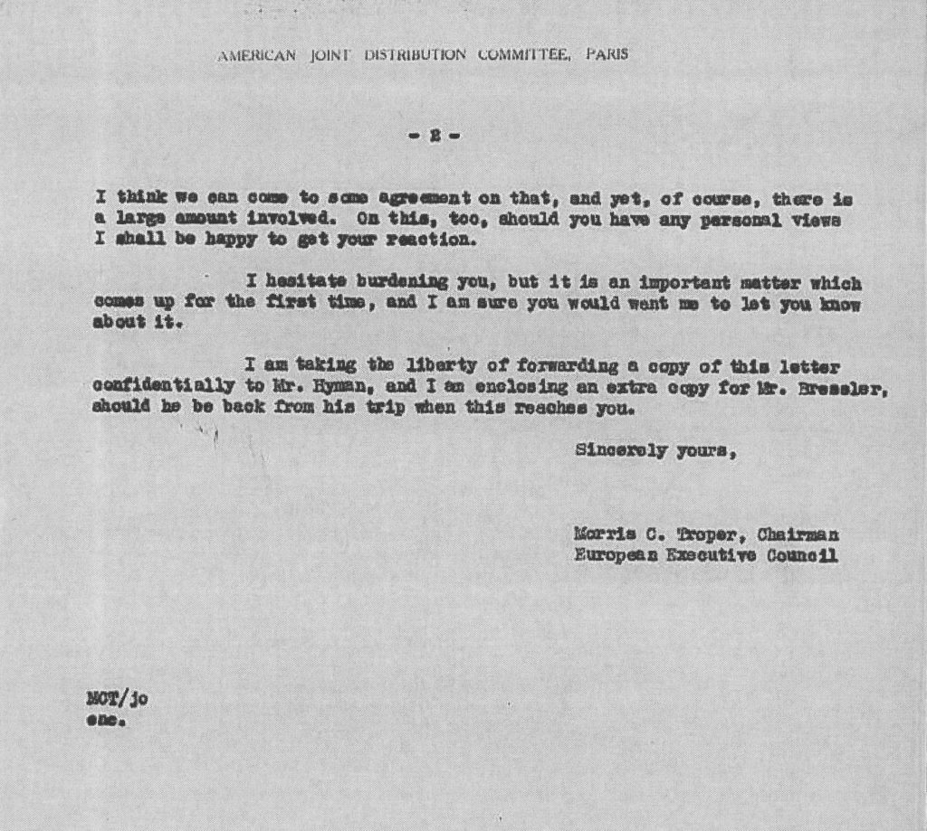 Kitchener camp, JDC, Paul Baerwald, Morris Troper, European Executive Council, Letter, Large amount of money, Mr Hyman, Mr Bressler, 10 January 1939, page 2
