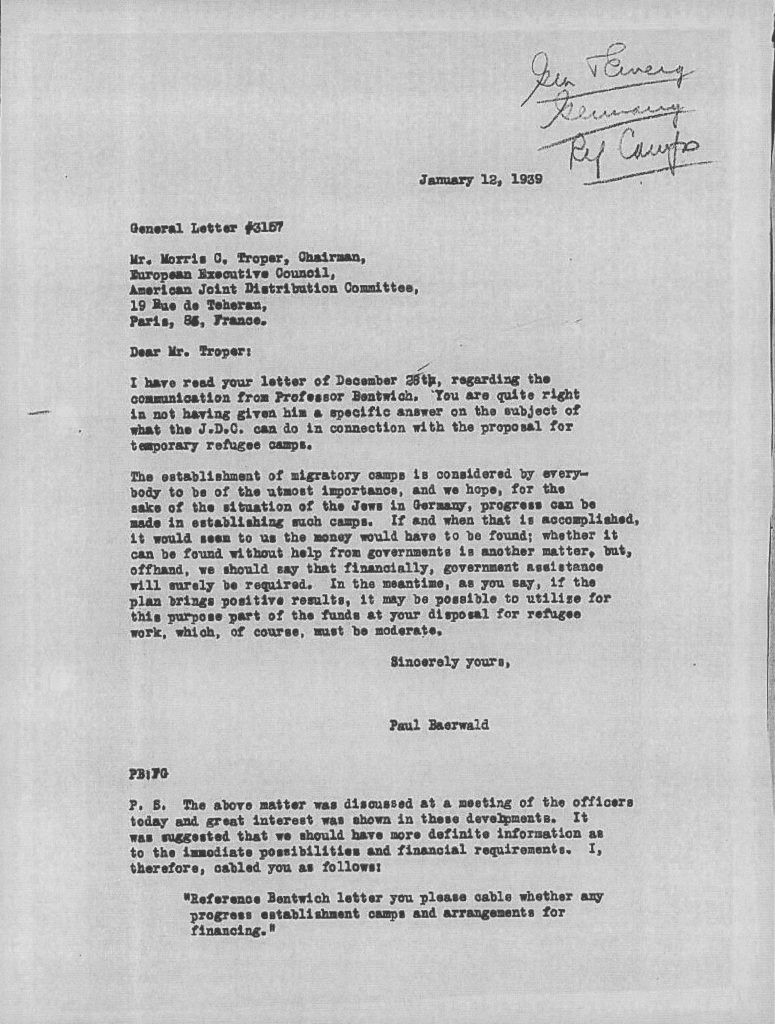 Kitchener camp, JDC, Letter, Morris Troper, Paul Baerwald, Professor Bentwich, Need for governmental assistance, 12 January 1939