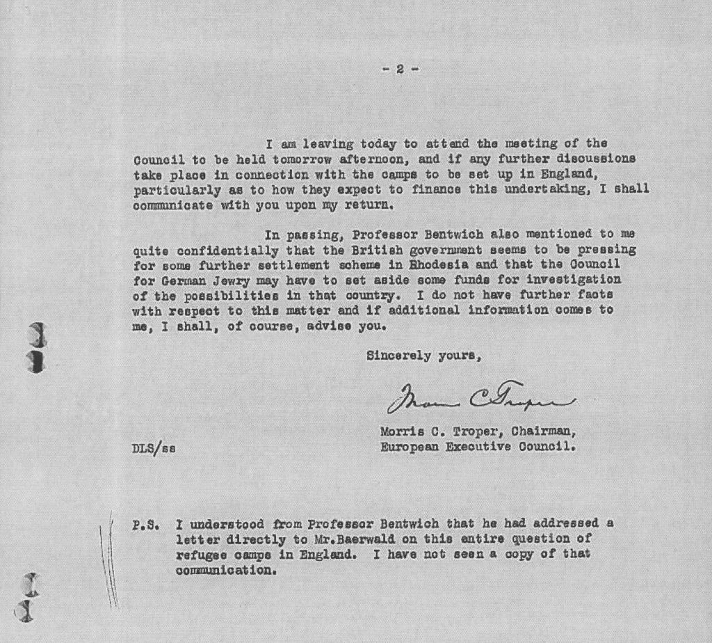 Richborough camp, Joint Distribution Committee, Letter, Council meeting tomorrow afternoon, Professor Bentwich also mentions UK government pressing for further settlement in Rhodesia, Morris Troper, 7 January 1939, page 2
