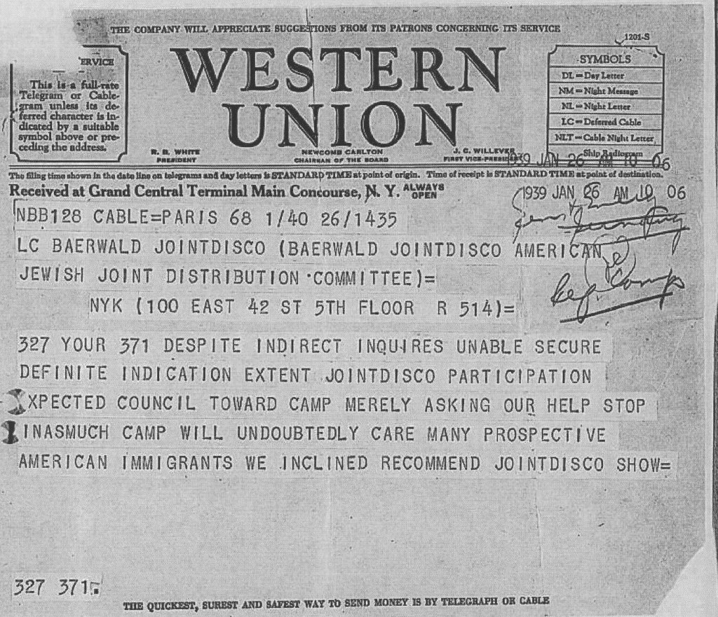 Richborough transit camp, The Joint, Cable, Western Union telegram, Baerwald, New York, Unable to secure definite indication of extent of JDC participation, Camp will undoubtably care for many future US immigrants, inclined to recommend help, 26 January 1939