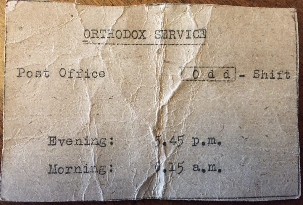 Kitchener camp, Josef Frank, Orthodox service, Post Office, Odd Shift, Evening 5.45pm. Morning 6.15am