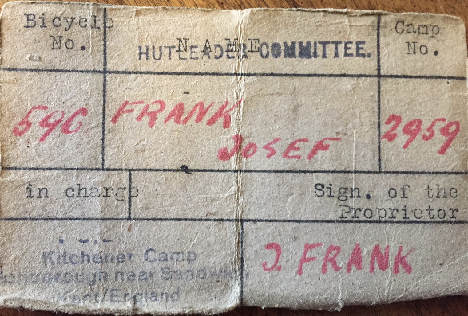 Richborough transit camp, Josef Frank, Hut leader Committee, Bicycle no. 596, Camp no. 2959,