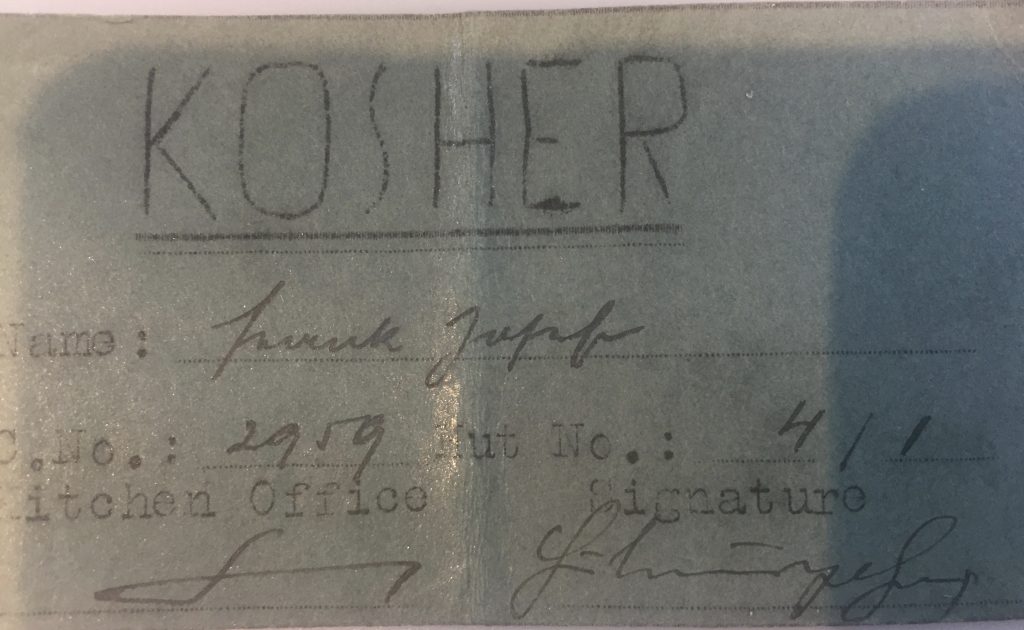 Richborough transit camp, Josef Frank, Kosher Kitchen Office ticket, Camp no. 2959, Hut no. 4/I