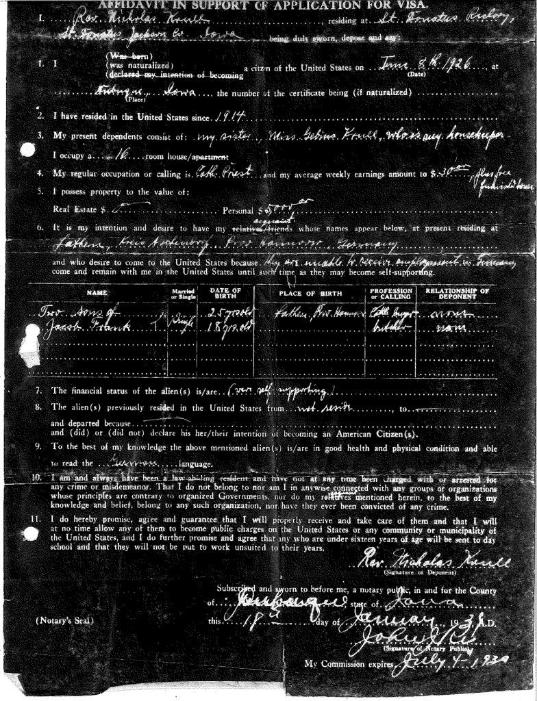 Richborough transit camp, Josef Frank, Father Nicholas Krull, Affidavit in support of US visa application, 18th January 1939
