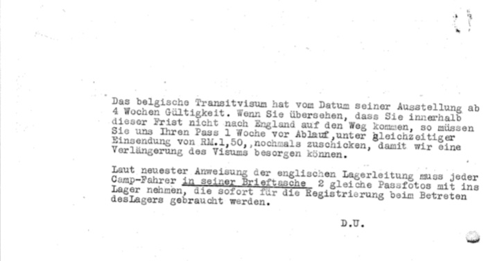 Kitchener camp, Josef Frank, Letter, Hilfsverein der Juden in Deutschland, transport to camp, 4 August 1939, page 2