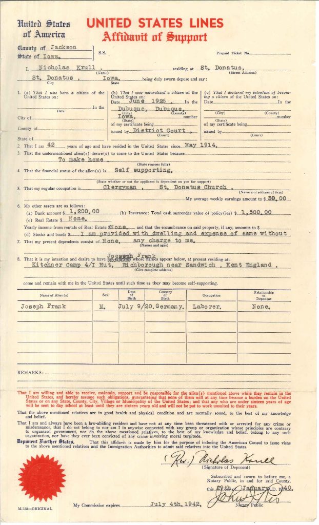 Kitchener camp, Josef Frank, Father Krull, US Lines Affidavit of Support, 29 January 1940
