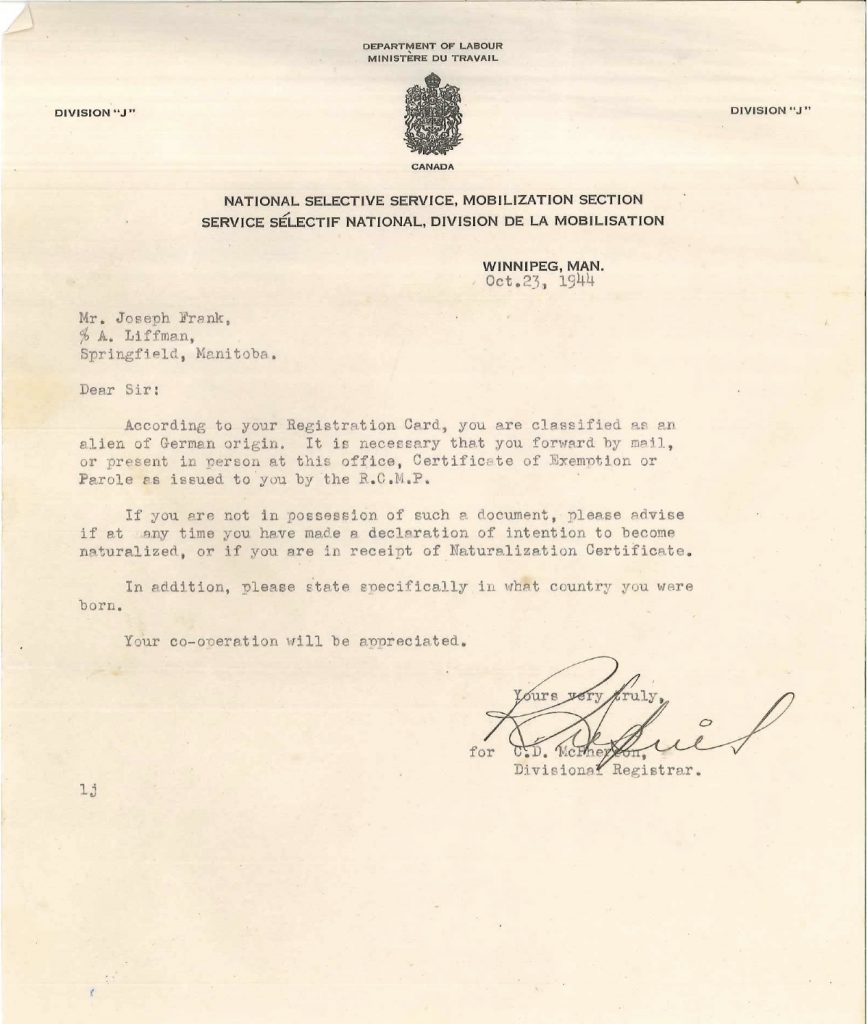 Kitchener camp, Josef Frank, Letter, Department of Labor, Division J, Alien of German Origin, 23 October 1944
