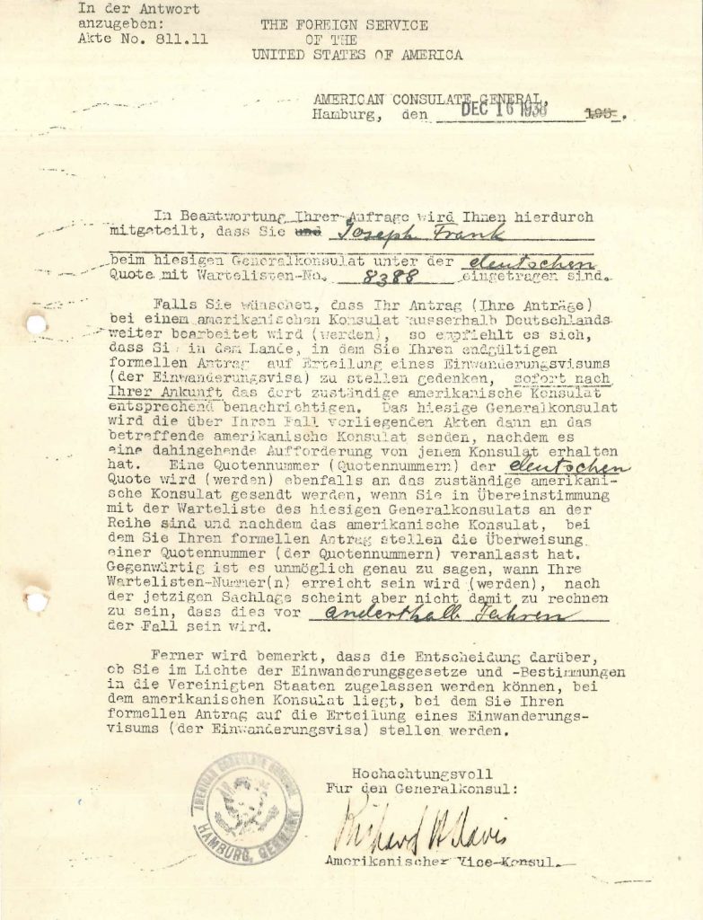 Kitchener camp, Josef Frank, Document, US Foreign Service, Waitlist number 8388, 16 December 1938