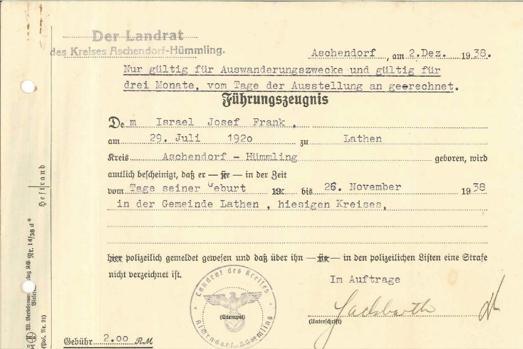 Kitchener camp, Josef Frank, Führungszeugnis, Management certificate for taxes paid, 2 December 1938