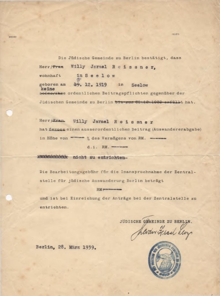 Kitchener camp, Willi Reissner, Die Jüdische Gemeinde zu Berlin, 28 March 1939