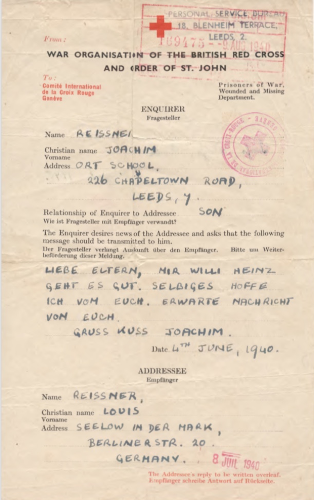 Richborough camp, Joachim Reissner, Red Cross letter, 4 June 1940, Stamped 9 August 1940, page 1