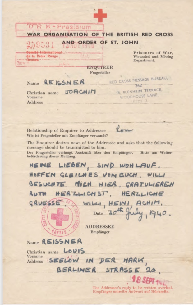 Richborough camp, Joachim Reissner, Red Cross letter, 30 July 1940, Stamped 15 November 1940, page 1