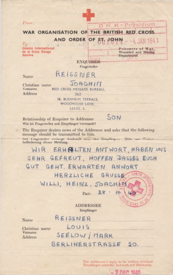 Richborough camp, Joachim Reissner, Red Cross letter, 28 October 1940, Stamped 4 January 1941, page 1