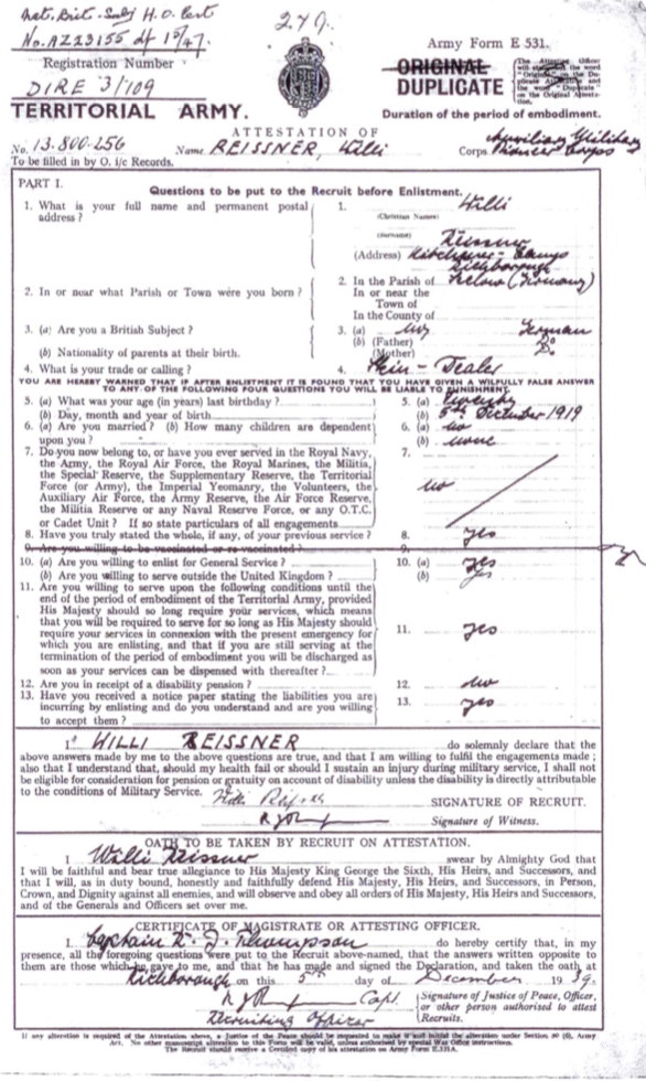 Kitchener camp, Willi Reissner, Territorial Army Form E 531, 5 December 1939, page 1