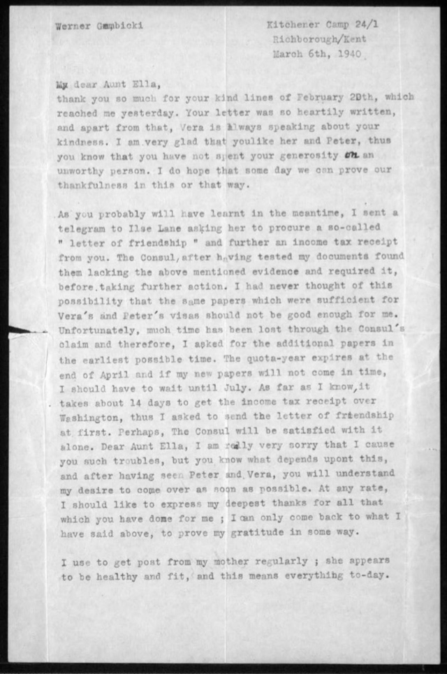 Kitchener camp, Werner Gembicki, Letter, Family news, Letter of Friendship, 6 March 1940, page 1