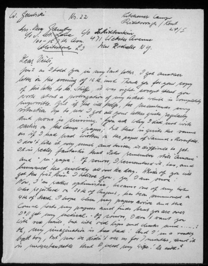Kitchener camp, Werner Gembicki, Letter, Hut 24/I, page 1