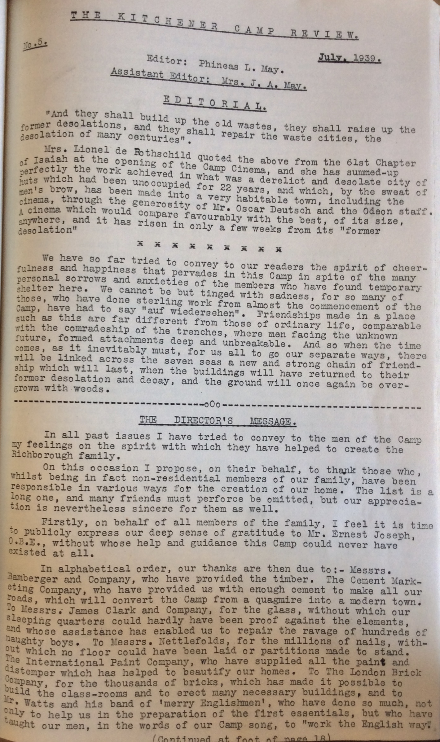 The Kitchener Camp Review, July 1939, No. 5, page 1