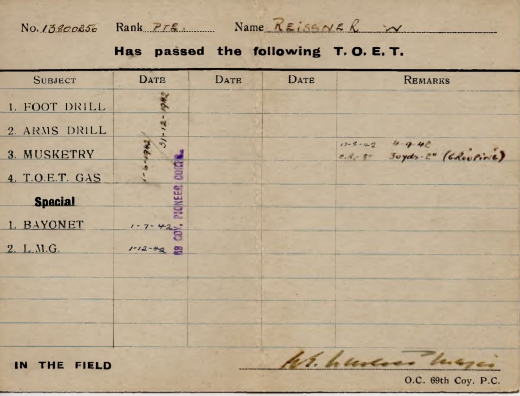 Kitchener camp, Willi Reissner, Certificate Test of Elementary Training TOET, 69th Coy PC, 1942