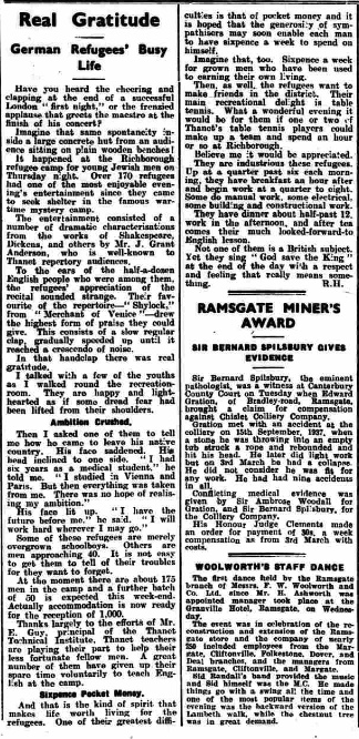 Kitchener camp, Article, Real Gratitude: German Refugees' Busy Life, Thanet Advertiser, 21 March 1939. Source: www.britishnewspaperarchive.co.uk