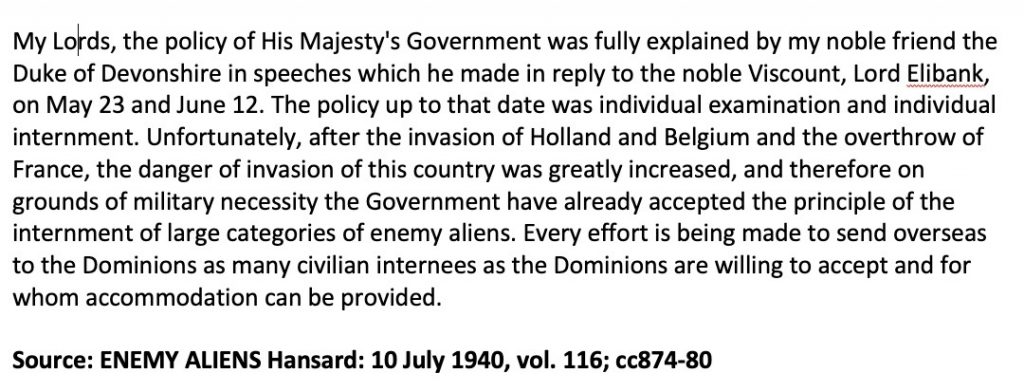 Hansard, Internment debate, July 1940