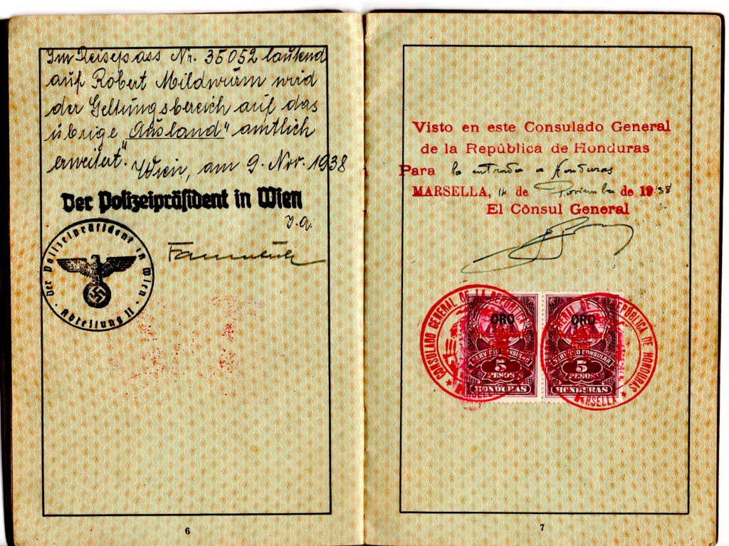 Kitchener camp, Robert Mildwurm, Deutsches Reisepass, German passport, Vienna 9 November 1938, Consulate of the Republic of Honduras 1938