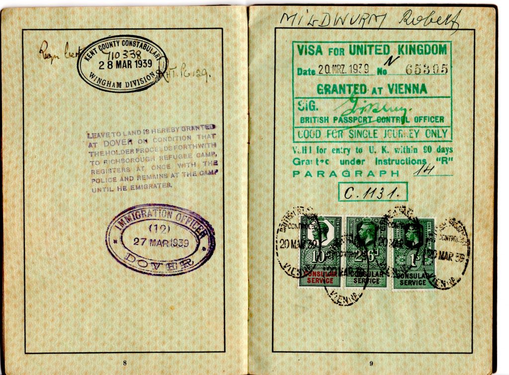 Kitchener camp, Robert Mildwurm, Deutsches Reisepass, German passport, Dover Immigration office, 27 March 1939, Kent County police, 28 March 1939, UK Visa, 20 March 1939, Granted at Vienna, "Good for single journey only",