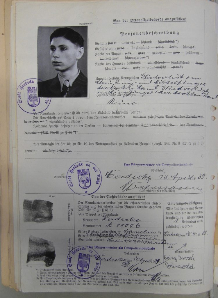 Kitchener camp, Heinz Grünewald, Antrag, Kennkarte, 13 April 1939, page 2