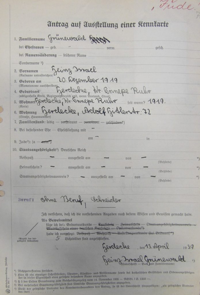 Kitchener camp, Heinz Grünewald, Antrag, Kennkarte, 13 April 1939