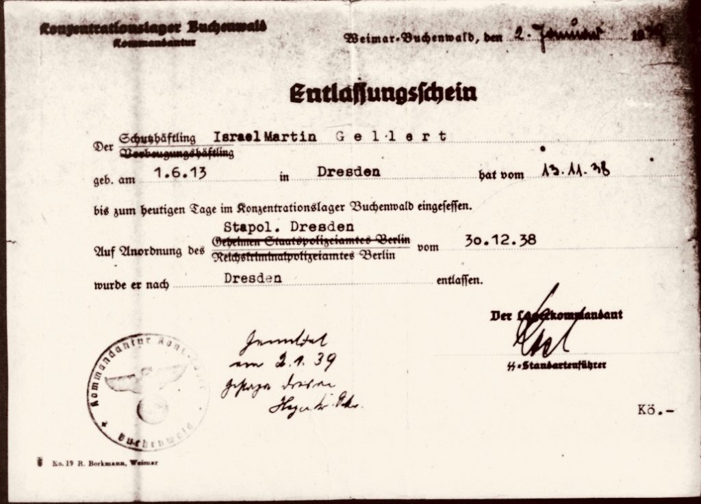 Martin Gellert, Certificate of release from Buchenwald, Signed Karl-Otto Koch, dated 30 December 1938, Released 2 January 1939Submitted by the Gellert/Gibbons family for Martin Gellert