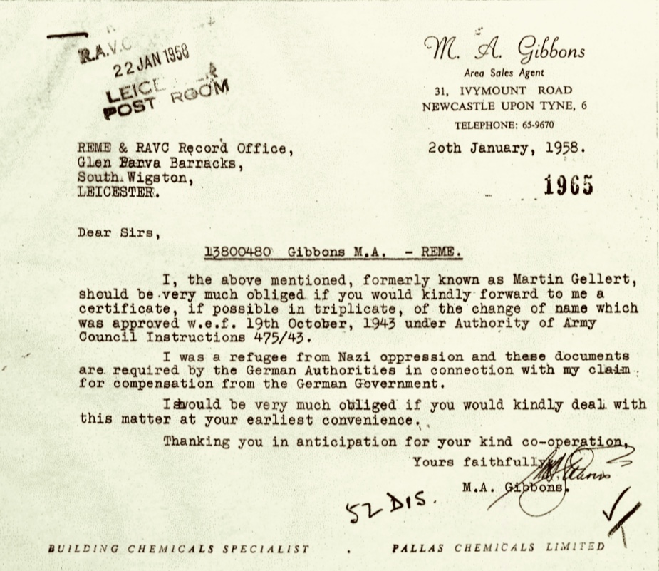 Kitchener camp, Martin Gellert, Letter, RMEM and RAVC Recprd Office, Gibbons, Change of name approval request, Refugee from Nazi oppression, Compensation claim, 20 January 1958
