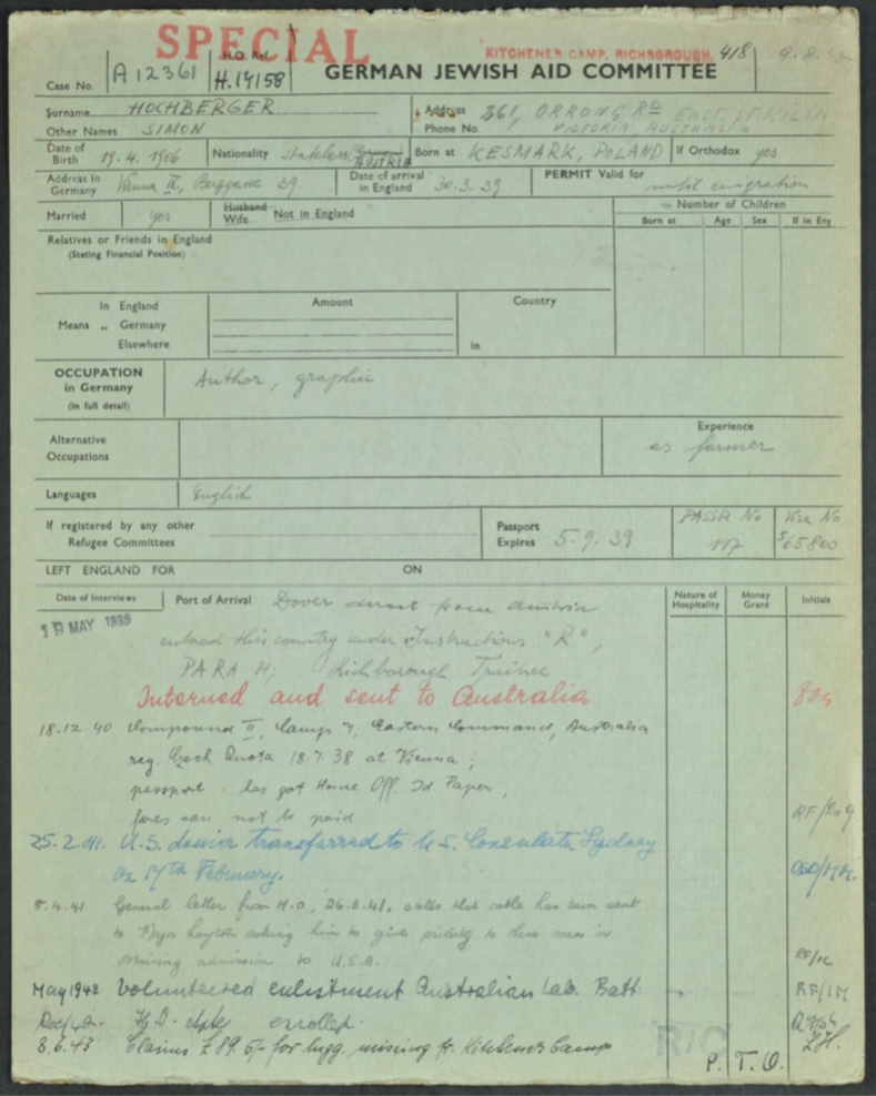 Kitchener camp, Simon Hochberger, German Jewish Aid Committee, Arrived in Britain, Kitchener, Richborough, HMT Dunera, Australia, Compound II, Camp 7, Eastern Command, Julian Layton, Australian Labour Corps, Missing luggage compensation claim