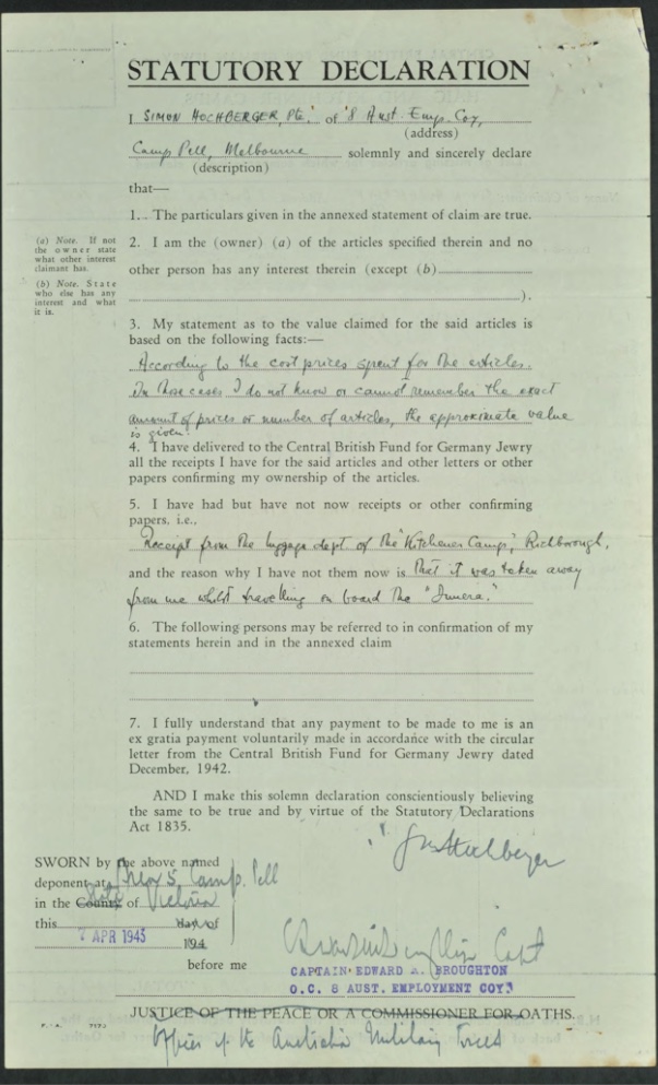 Kitchener camp, Simon Hochberger, Statutory Declaration, Luggage claim, Captiain Edward Broughton, OCS Australian Employment Company, 7 April 1943