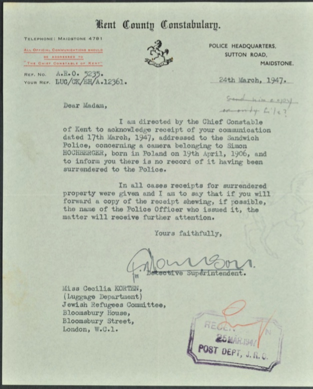 Kitchener camp, Simon Hochberger, Letter, Kent County Constabulary, Maidstone, Missing camera, 24th March 1947