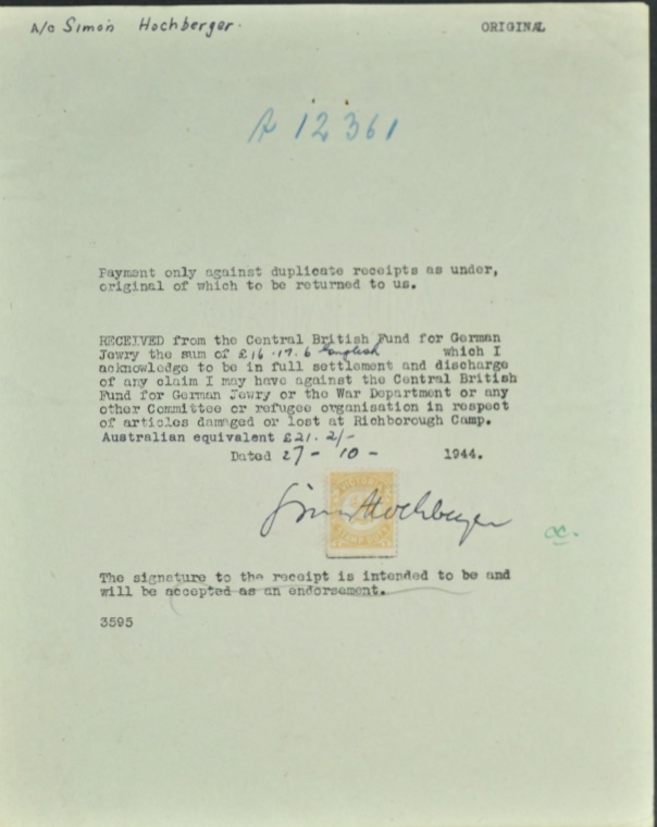 Kitchener camp, Simon Hochberger, Letter, Central British Fund for German Jewry, Missing luggage, 27 October 1944