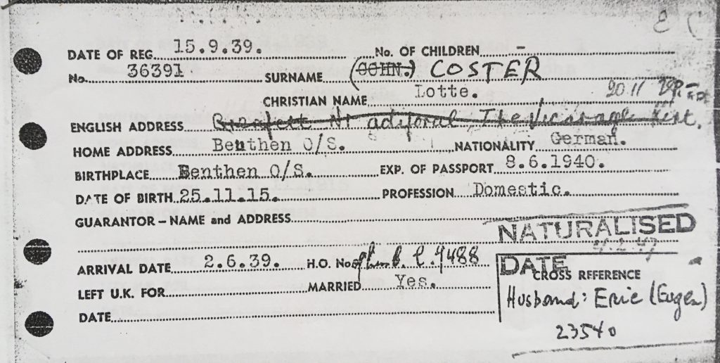 Kitchener camp, Eugen Cohn, Wife Lotte Coster, Beuthen, Domestic, Arrival in Britain card, 2nd June 1939. Source: World Jewish Relief