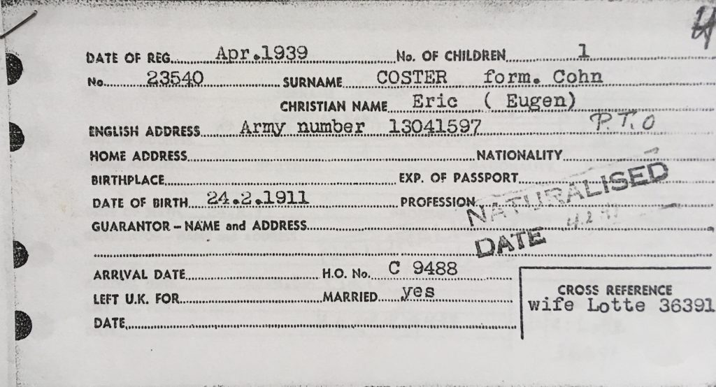 Kitchener camp, Eugen Cohn, Arrival in Britain card, April 1939. Source: World Jewish Relief
