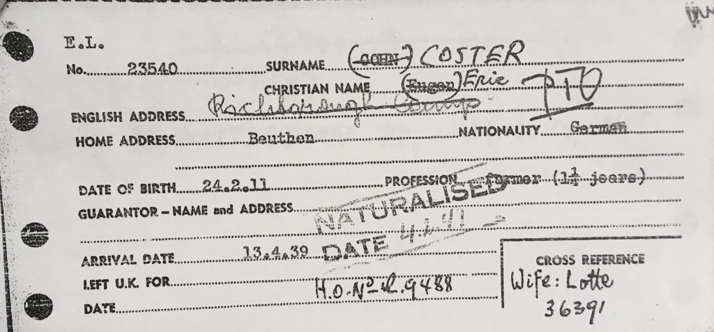 Kitchener camp, Eugen Cohn, Eric Coster, Richborough camp, Arrival date 13 April 1939, Profession as farmer for one and half years, Wife Lotte. Source: World Jewish Relief