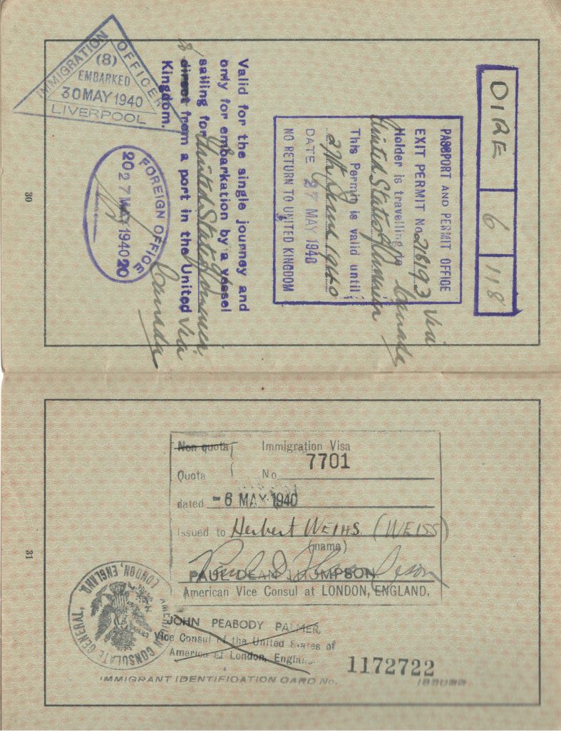 Kitchener camp, Herbert Weihs, Herbert Weiss, German Passport, American Vice Consul in London 6 May 1940, John Peabody Palmer Vice Consul of the USA in London, Visa Canada, United States, 27 June 1940, No return to United Kingdom, Valid for single journey, Foreign Office, Embarked 30 May 1930