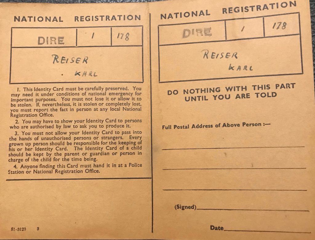 Richborough transit camp, Karl Reiser, National Registration ID Card, DIRE 1 / 178