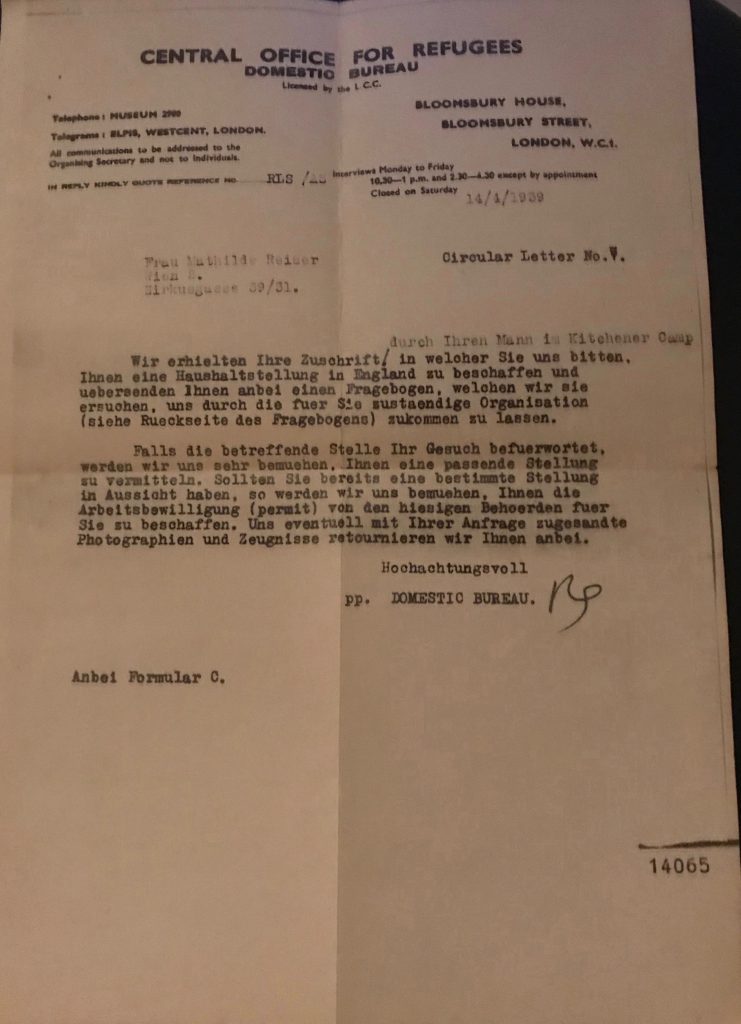 Richborough camp, Karl Reiser, Mathilde Reiser, Central Office for Refugees, Domestic Bureau, Bloomsbury House, 14 April 1939