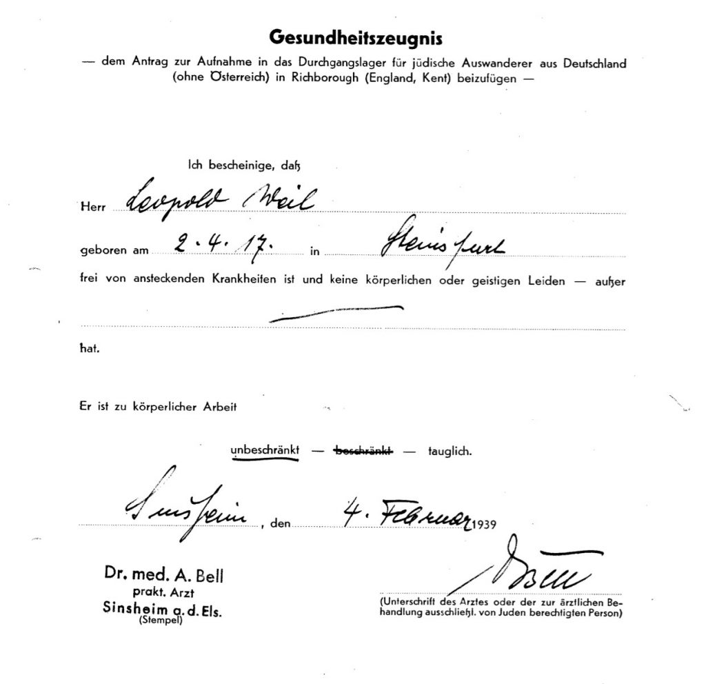 Richborough transit camp, Leopold Weil, Health certificate, 4 February 1939