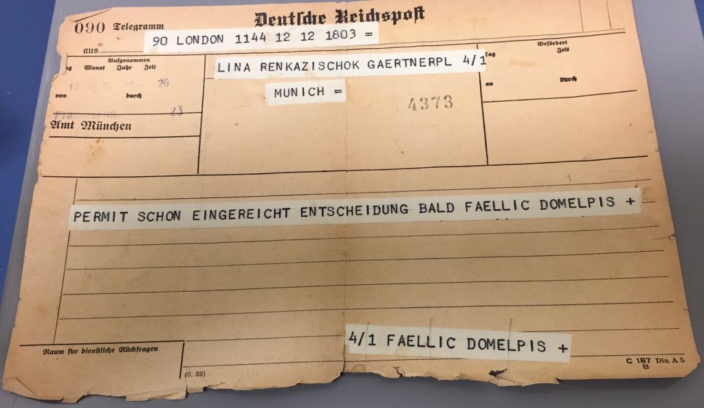 Kitchener camp, Hermann Renkazischock, Telegramm, 12 July 1939
