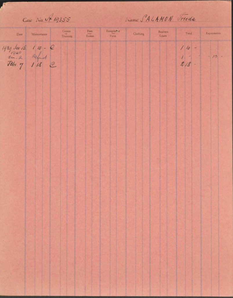 Kitchener camp, Ignatz Salamon, Wife, Frieda Salamon, German Jewish Aid form, Case no. 19355, 1939