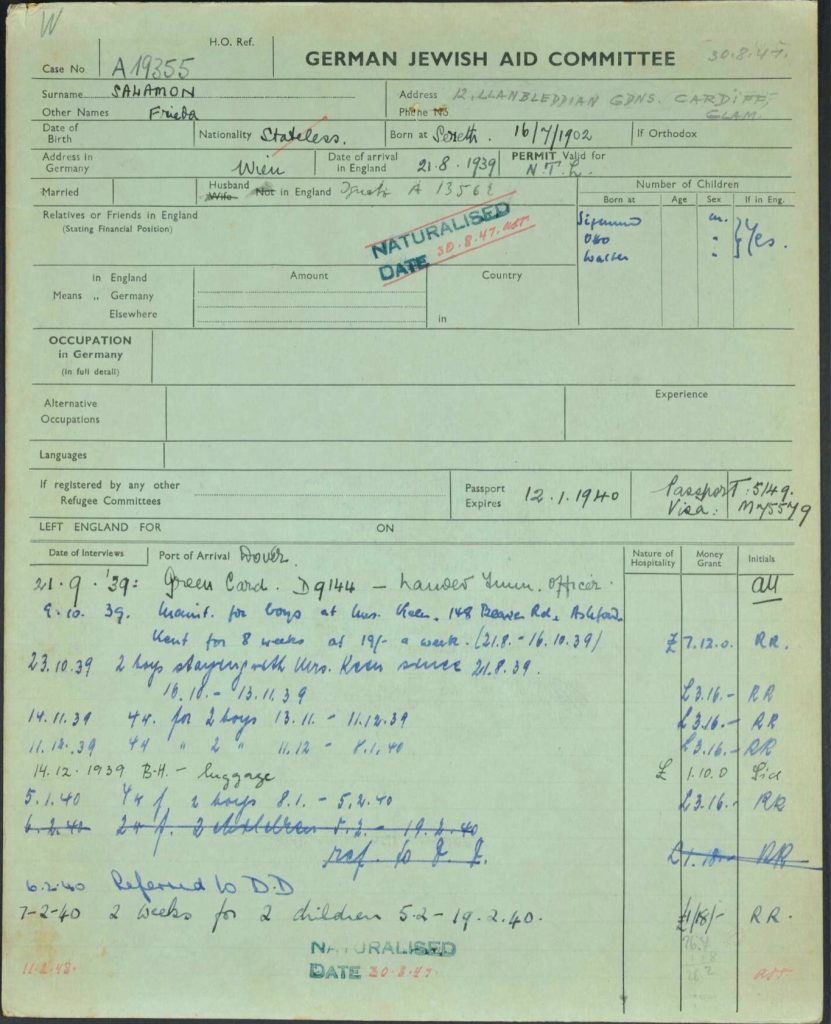 Kitchener camp, Ignatz Salamon, Wife, Frieda Salamon, German Jewish Aid form, Case no. 19355, Date of arrival in Britain 21.08.1939, Living in Ashford, Kent, Bloomsbury house - luggage - 14 December 1939