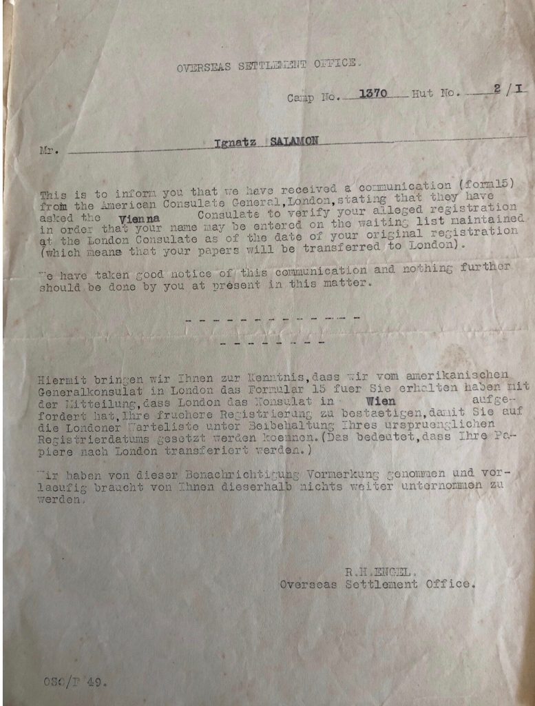 Kitchener camp, Ignatz Salamon, Overseas Settlement Office, Camp no. 1370, Hut no. 2/I, American Consulate General in London, R H Engel
