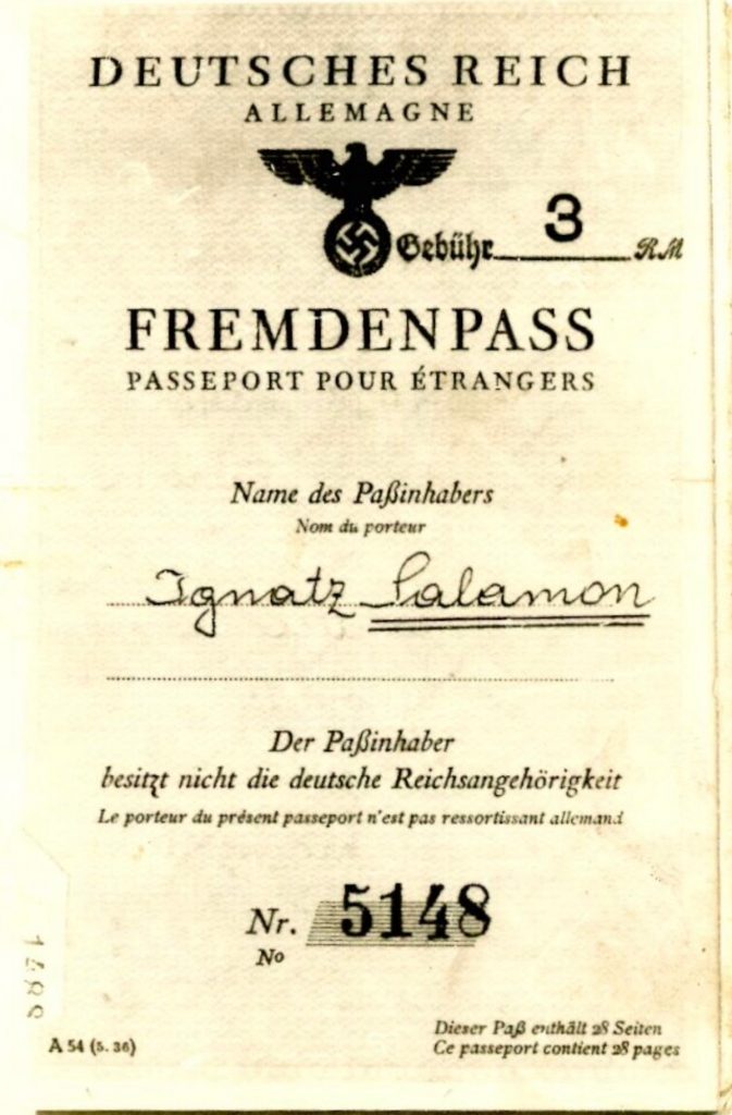 Kitchener camp, Ignatz Salamon, Fremdenpass, Deutsches Reich, Allemagne, No. 5148, 29 April 1939