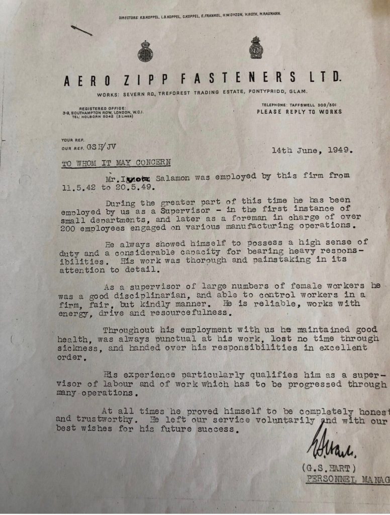 Kitchener camp, Ignatz Salamon, Work reference, Aero Zipp Fasteners Ltd, Wales, 14 June 1949